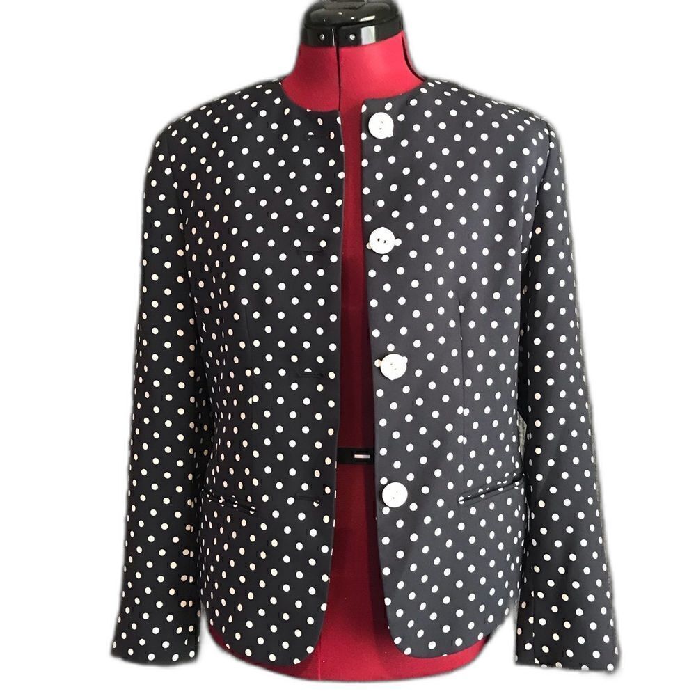Liz Claiborne Blazer Women’s Petite 2P Navy Blue White Polka-Dot Long Sleeve
